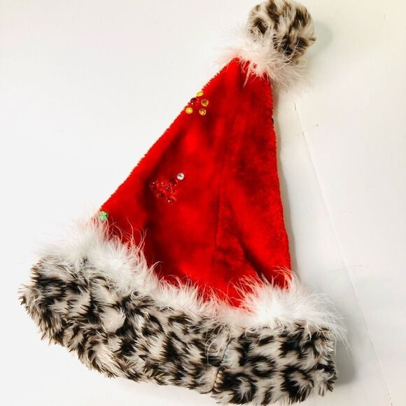 Red Santa Hat with Leopard Faux Fur Trim & Rhinestone Sequin Accents – Holiday C - Picture 2 of 6